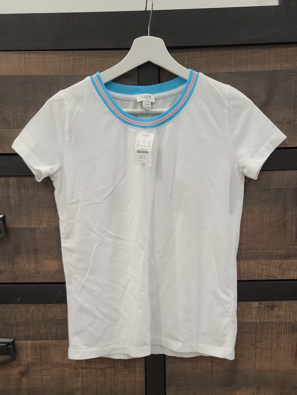 J. Crew Factory White Short-Sleeve Tee with Blue and Pink Ribbed Neck